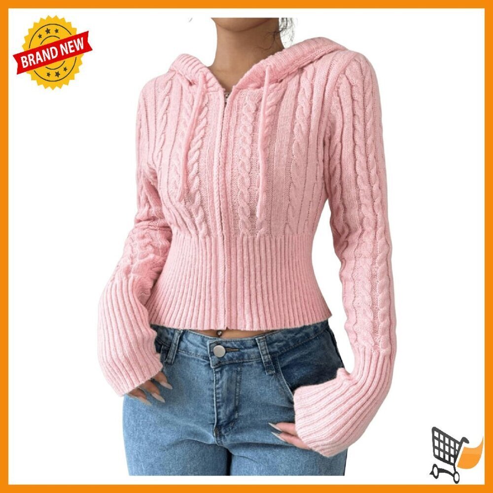 Crop Cardigan Sweater Cable Knit Zip Hoodie Long Sleeve Fall Jacket